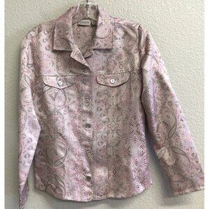 Chicos Rayon Silk Jacket Sz 0 (US 4-6) Metallic Floral Paisley Button Front Pink